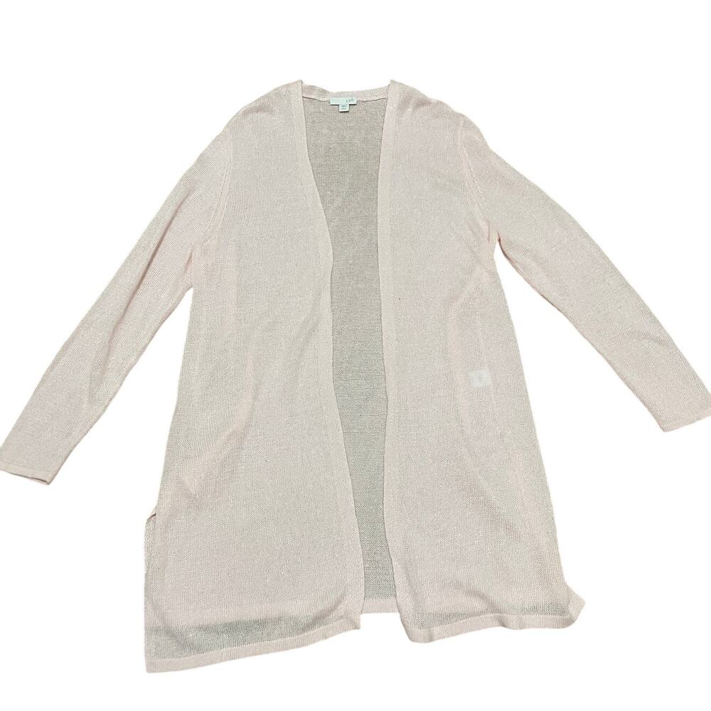 J. Jill Pink Linen Blend Open Front Cardigan Sweater Petite Large Longline Slits